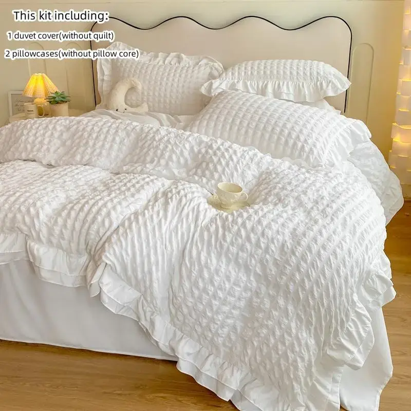 3pcs Korean Style Bubble Yarn Small Checkered Bedding Set with Lace Quilt Cover and Pillowcases, Lightweight Comforter Set fo...
