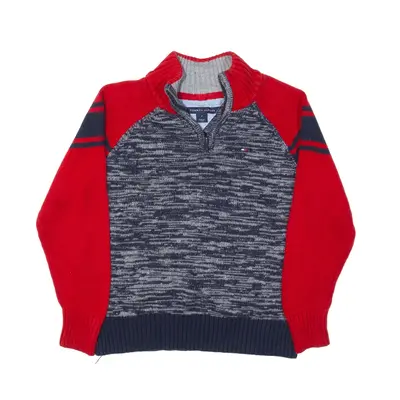 TOMMY HILFIGER Patterned Jumper Blue Colourblock Chunky Knit 1/4 Zip Boys 6 Years