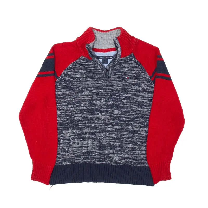 TOMMY HILFIGER Patterned Jumper Blue Colourblock Chunky Knit 1/4 Zip Boys 6 Years