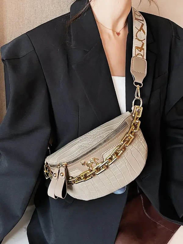 Women's Summer Fashion Solid Color Crocodile Embossed Fanny Packs, Casual PU Leather Belt Bag with Chain Decor, Zipper Bum Ba...