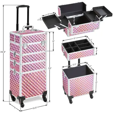 Yaheetech 4-in-1 Professional Rolling Makeup Train Case Extra-large 4-Tiered Aluminum Cosmetic Trolley Storage on Wheels Cosm...
