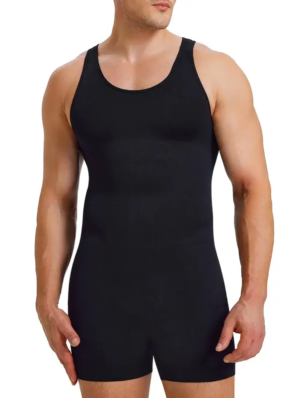 Men's Solid Scoop Neck Open Crotch Shapewear Bodysuit, High Stretch Tummy Control Compression Shapewear Romper, Men's Shapewe...