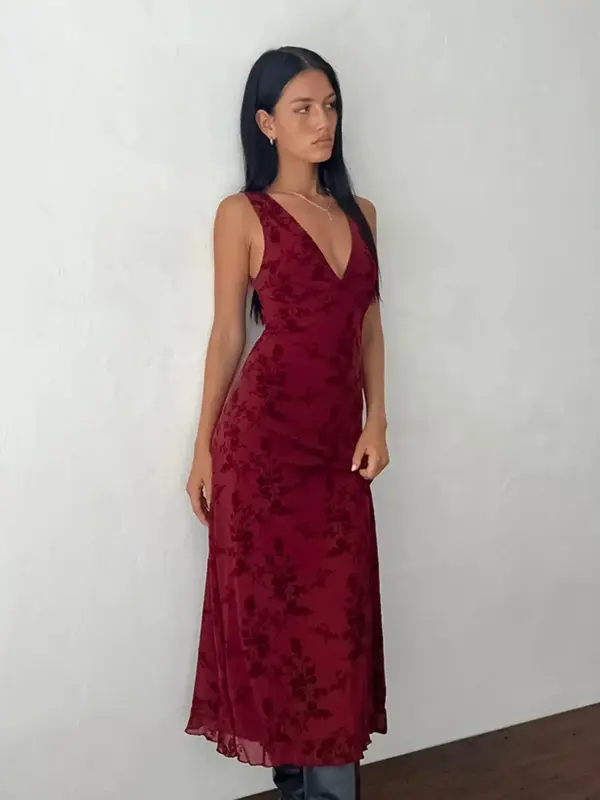 Women's Floral Print Deep V Neck A Line Dress, Elegant Sleeveless Plunge Neck Bodycon Long Dress, Ladies Summer Clothes for P...