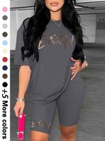 Two-piece Set Women's Letter Print Crew Neck Tee & Skinny Shorts, Casual Fashion Cozy Round Neck Short Sleeve T-shirt & Short...