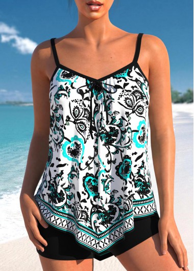 Modlily Handkerchief Hem Random Floral Print White Tankini Set - M