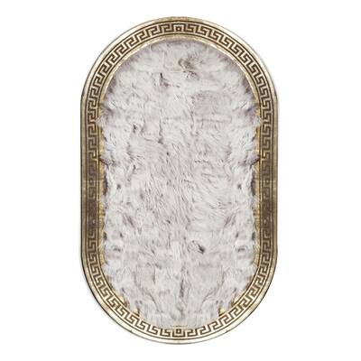 Cream Sheepskin Fur Oval Rug with Gold Border