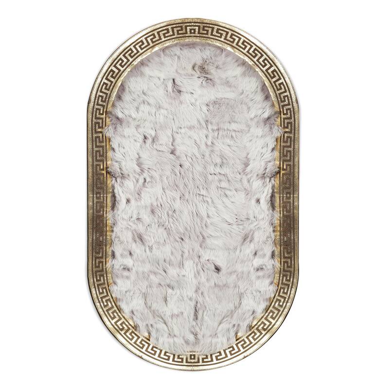 Cream Sheepskin Fur Oval Rug with Gold Border