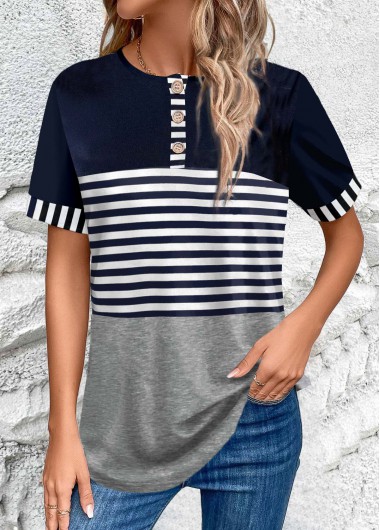 Modlily Navy Button Striped Short Sleeve T Shirt - M