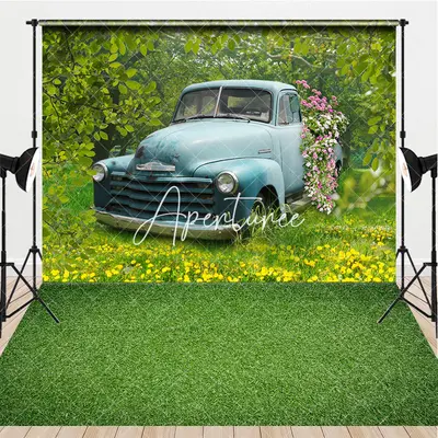 Aperturee Blue Retro Truck Forest Spring Combo Set Backdrop, 7 x 5 ft / 7 x 5 ft, 97.4 USD, combo set backdrops, ZH0E054-D, C...