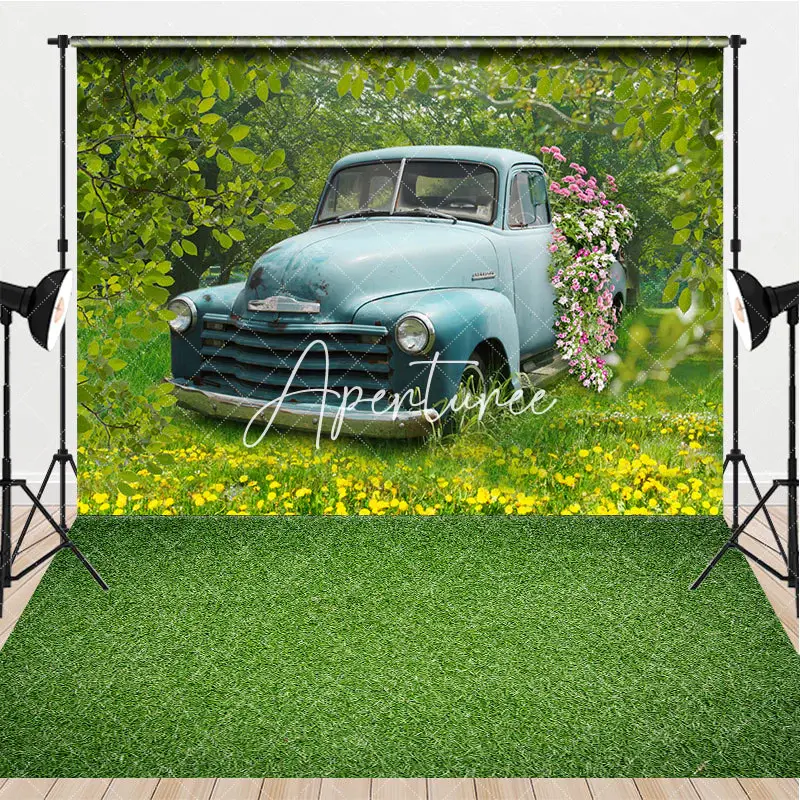 Aperturee Blue Retro Truck Forest Spring Combo Set Backdrop, 7 x 5 ft / 7 x 5 ft, 97.4 USD, combo set backdrops, ZH0E054-D, C...