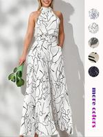 Women's All Over Print Pocket Tie Back Halter Neck Jumpsuit, Overalls for Women, Chic Casual Sleeveless Wide Leg Jumpsuit for...