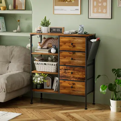 4-Drawer Dresser with Shelves, Dresser for Bedroom, LED Nightstand with Charging Station, Storage Cabinet with Hooks&Pocket F...