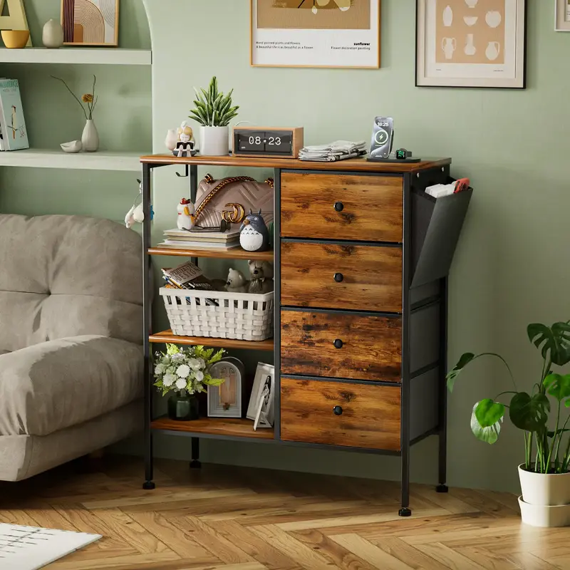 4-Drawer Dresser with Shelves, Dresser for Bedroom, LED Nightstand with Charging Station, Storage Cabinet with Hooks&Pocket F...