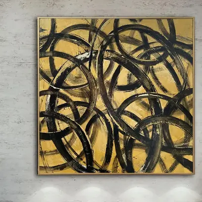 Extra Large Canvas Art Abstract Black Circle Yellow Paintings On Canvas Contemporary Painting Hand Painted Art Wall Decor | E...
