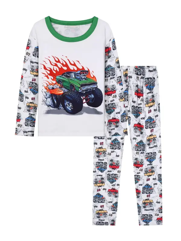 Boys 2-Piece Set with Flame Monster Truck Print, Long Sleeve Top and Pants Sleepwear for Autumn, Cozy Home Pajamas for Kids