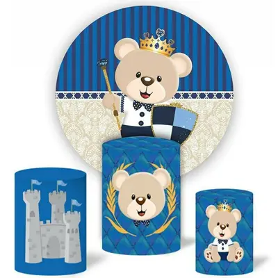 Aperturee Beige Bear Round Blue Baby Shower Backdrop Kit For Boy | Round Backdrop Baby Shower | Round Baby Shower Backdrop | ...