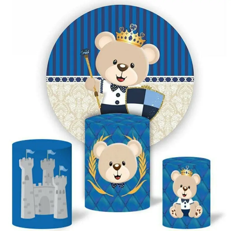Aperturee Beige Bear Round Blue Baby Shower Backdrop Kit For Boy | Round Backdrop Baby Shower | Round Baby Shower Backdrop | ...