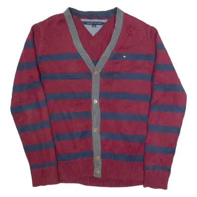 TOMMY HILFIGER Mens Patterned Cardigan Red Striped V-Neck Tight Knit L