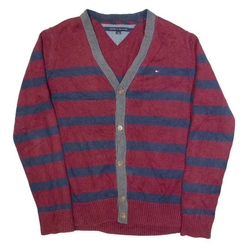TOMMY HILFIGER Mens Patterned Cardigan Red Striped V-Neck Tight Knit L