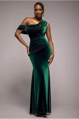 Goddiva Cowl One Shoulder Velvet Maxi Dress - Emerald Green