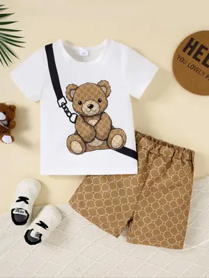 Two-Piece Set Boy's Cartoon Bear Print Short Sleeve Tee & Shorts, Casual Round Neck T-shirt & Shorts for Summer, Kids Clothes...