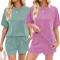 Two Piece Set Summer Lounge Tracksuit Outfits Shorts And Short Sleeve Tops Knitted Clothes