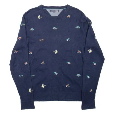 TOMMY HILFIGER Embroidered Mens Patterned Jumper Blue Tight Knit L