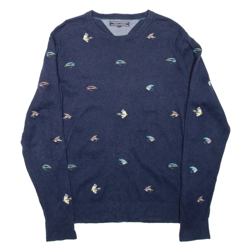 TOMMY HILFIGER Embroidered Mens Patterned Jumper Blue Tight Knit L