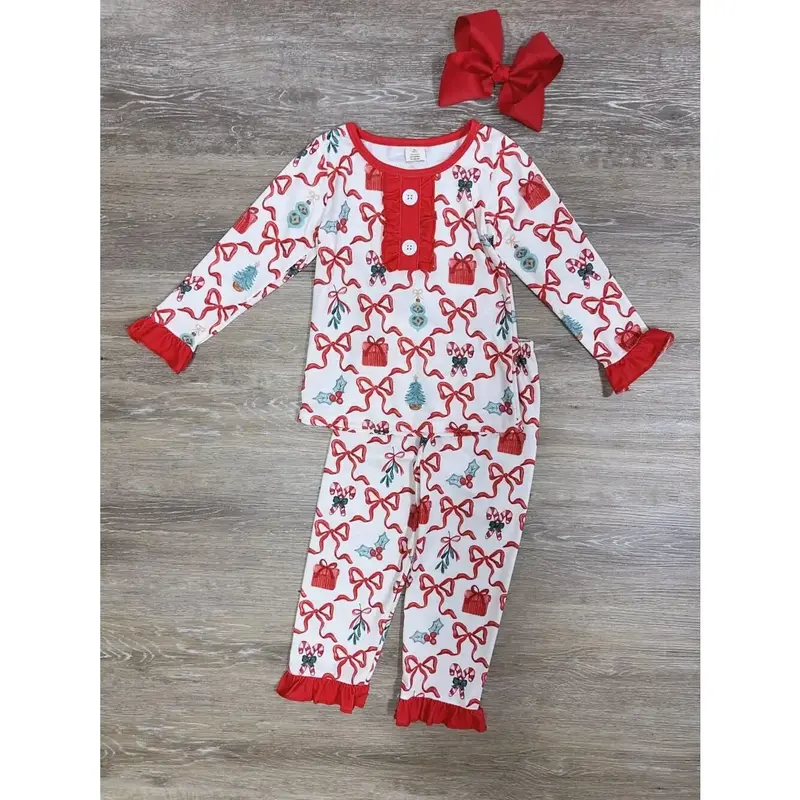 Holiday Cheer Girls Red Bow Long Sleeve Pajama Set