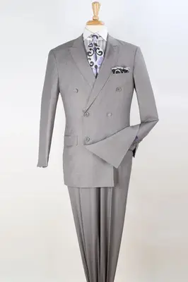 Classic Men's Double Breasted Luxury Wool Suit - Light Grey