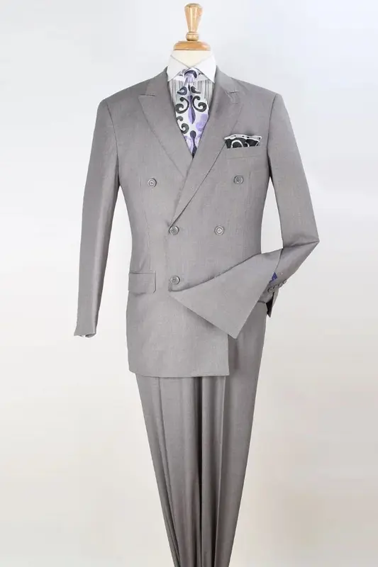Classic Men's Double Breasted Luxury Wool Suit - Light Grey