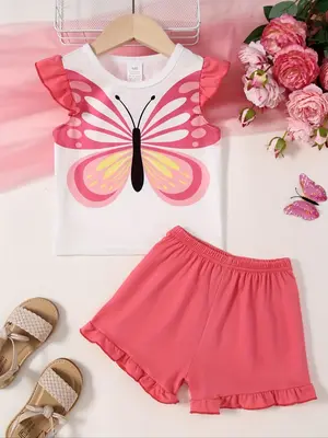 Toddler Girl's Butterfly Print Tee & Shorts Two-Piece Set, Cute Casual Round Neck T-shirt & Shorts for Daily Wear, Kids Summe...