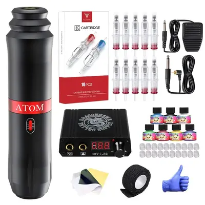 Dragonahwk Complete Tattoo Pen Kit Rotary Atom M1 Machine Power Supply 20Pcs Cartridges Needles Foot Pedal