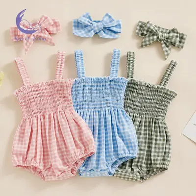 Baby Girls 2Pcs Summer Outfits, Sleeveless Frill Smocked Strap Romper with Headband Set Dresses baby stuff clearance Spring C...