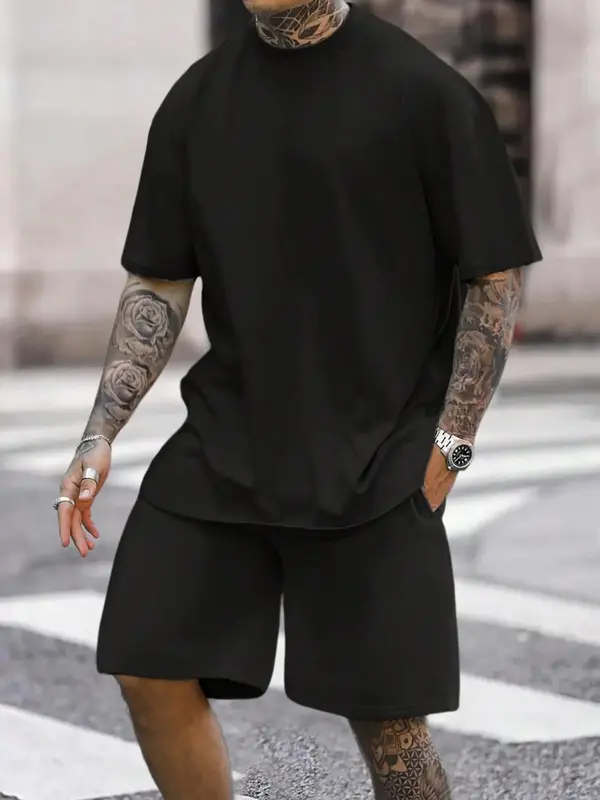 2 Counts Men's Plain Shorts Set, Regular Fit Drop Shoulder Short Sleeve Tee & Drawstring Pocket Shorts Set, Streetwear, Casu...