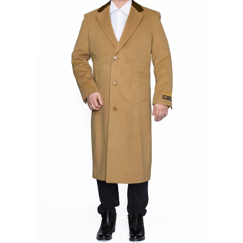 Mens Full Length 3 Button Wool Overcoat in Camel with Brown Velvet Collar