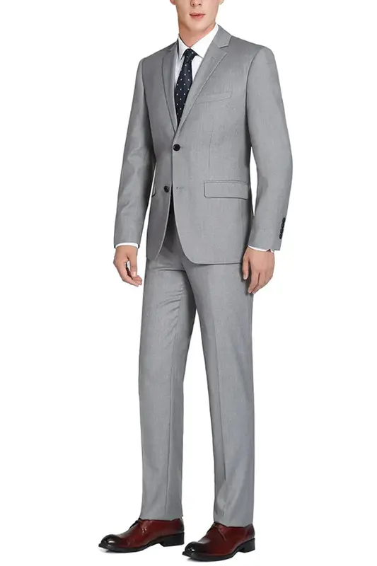 Light Grey Slim Fit Wool Suit for Men - Basic Two Button with Optional Vest