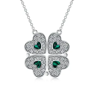 Sterling Silver Malachite Four Leaf Clover & Heart Pendant Necklace