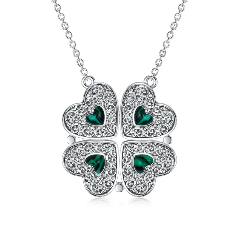 Sterling Silver Malachite Four Leaf Clover & Heart Pendant Necklace