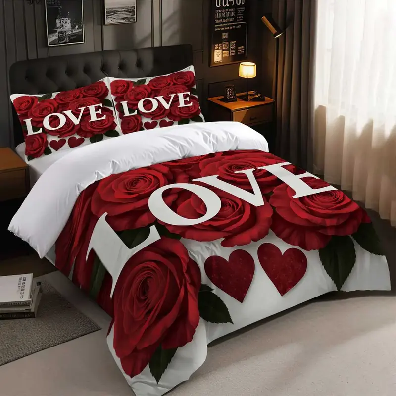 Three-piece romantic red rose love printed quilt cover set, bedding suitable for all seasons, suitable for couples, perfect f...
