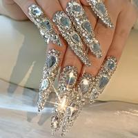 Rhinestone Decor Almond False Nails Set, 10pcs Glittering Fake Nails &1 Count Nail File & 1 Count Tape for Women & Girls DIY ...