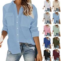 FMEYOA Womens Button Down V Neck Shirts Long Sleeve Blouse Roll Up Cuffed Sleeve Casual Work Plain Tops with Pockets