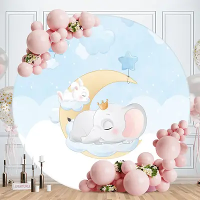 Aperturee Circle Blue Elephant Moon Baby Shower Backdrop