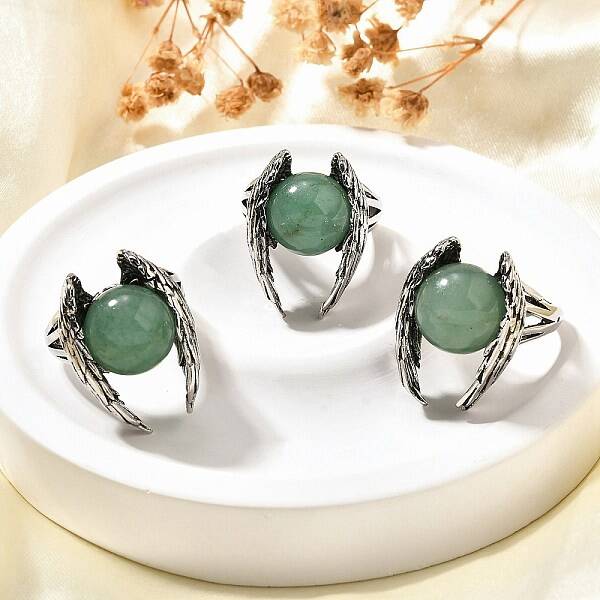 Natural Green Aventurine Wings Adjustable Rings