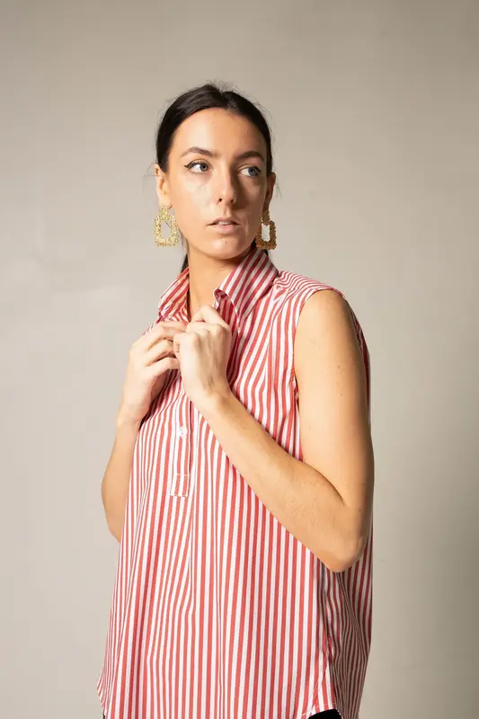 Italian Cotton Stripe Red Sleeveless Top | Size: M | Color: red-white