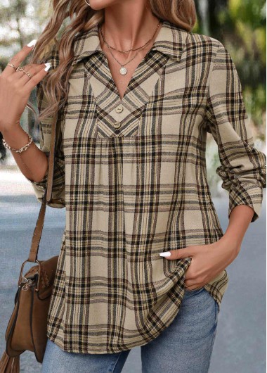 Modlily Light Coffee Button Plaid Long Sleeve Shirt - M
