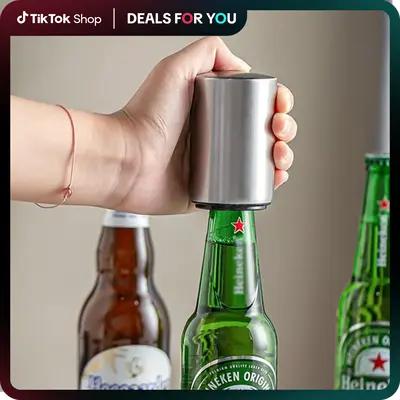 Premium Magnetic Bottle Opener – Automatic Push-Down Stainless Steel Beer Opener with Cap Catcher, No-Slip Grip for Kitchen...