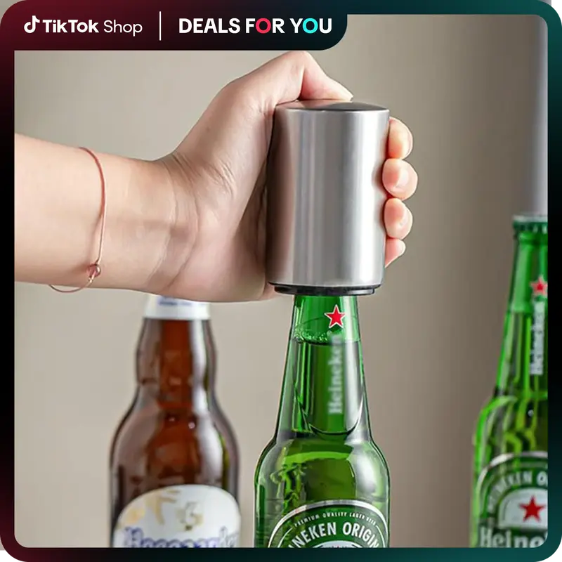 Premium Magnetic Bottle Opener – Automatic Push-Down Stainless Steel Beer Opener with Cap Catcher, No-Slip Grip for Kitchen...