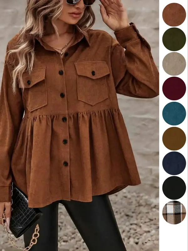 【Plus Size】Flap Pocket Ruffle Hem Button Front Shirt, Casual Long Sleeve Collared Peplum Top for Fall & Winter, Women's C...