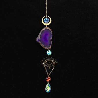 Natural Amethyst Piece & Metal Evil Eye Moon Hanging Ornaments